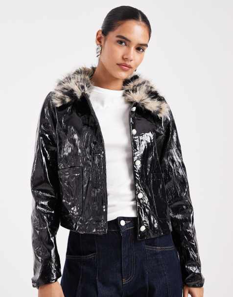 Sister Jane crinkle PU jacket with leopard faux fur collar in black - view 1