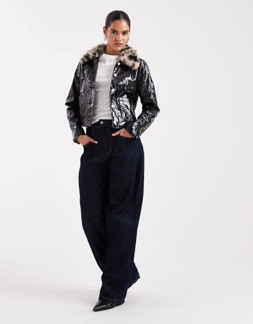 Sister Jane crinkle PU jacket with leopard faux-fur collar in black, 2 of 4
