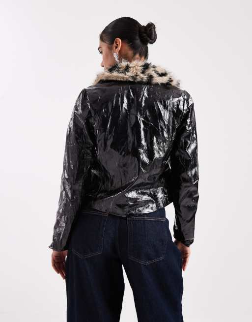 Sister Jane crinkle PU jacket with leopard faux-fur collar in black, 3 of 4