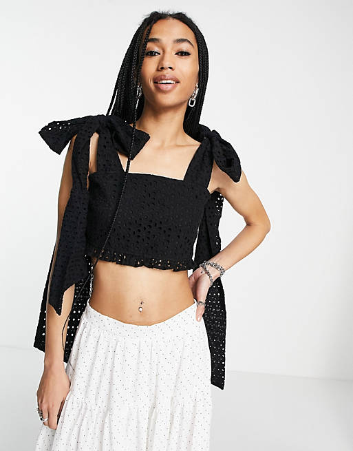 Sister Jane crochet crop top with bow back in black