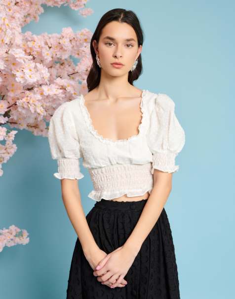 Sister Jane - Crop top avorio arricciato con fiocco - view 1