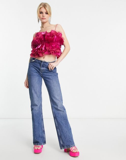 Sister Jane - Crop top van organza met camibandjes in fuchsia roze