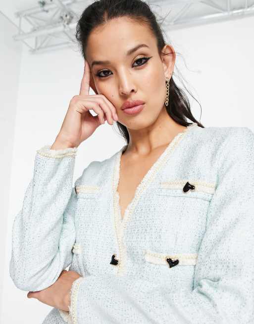 Sister Jane cropped jacket in baby blue tweed co-ord