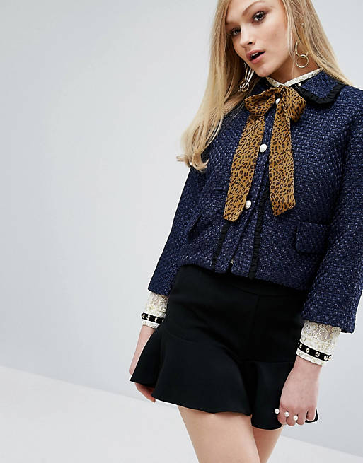 Sister Jane Cropped Jacket With Leopard Chiffon Bow