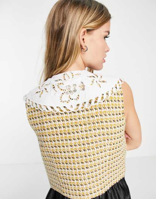 Sister Jane cropped sleeveless tweed blouse with embroidered collar, 2 of 4
