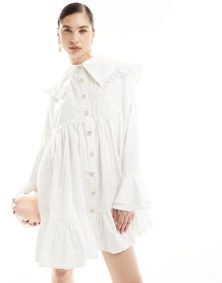 Curious collared shirt mini dress in ivory-White