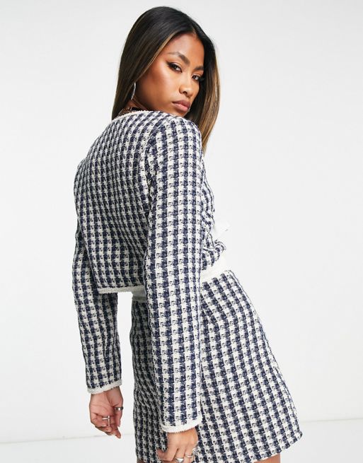 Sister Jane curved hem tweed jacket in navy and white check with bow - part  of a set