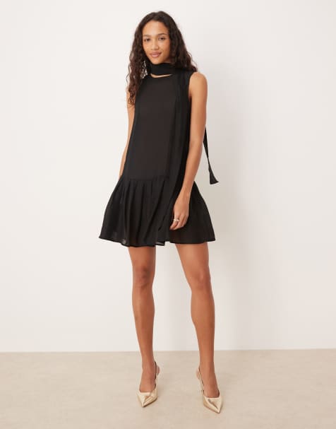 Sister Jane pussybow pleated skirt mini dress in black