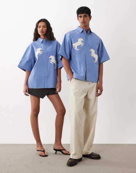 Sister Jane Dala Unisex cotton applique horse detail boxy denim shirt in mid blue