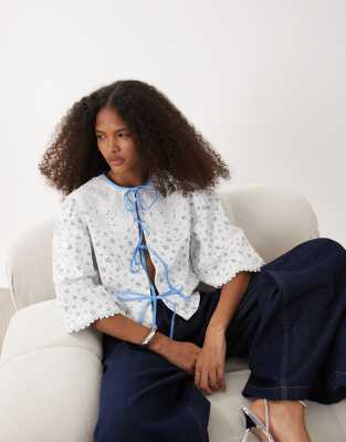 Sister Jane Dalarna Cotton Broderie Collar Bow Detail Blouse In White