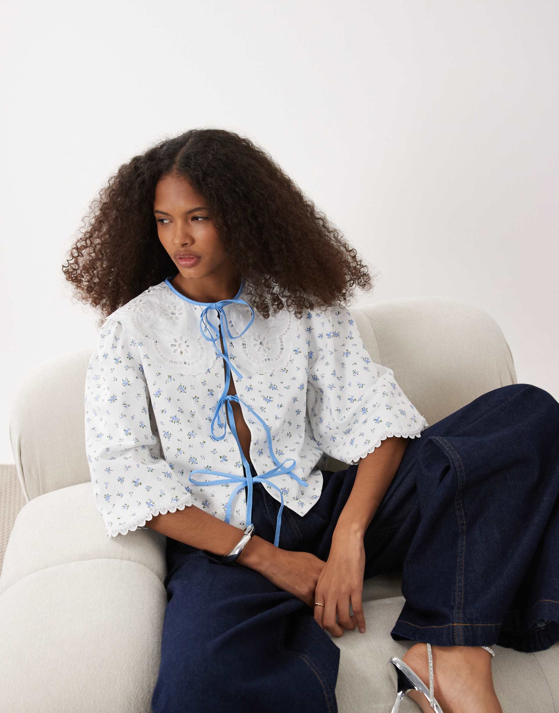 sister jane dalarna cotton broderie collar bow detail blouse in white ditsy floral