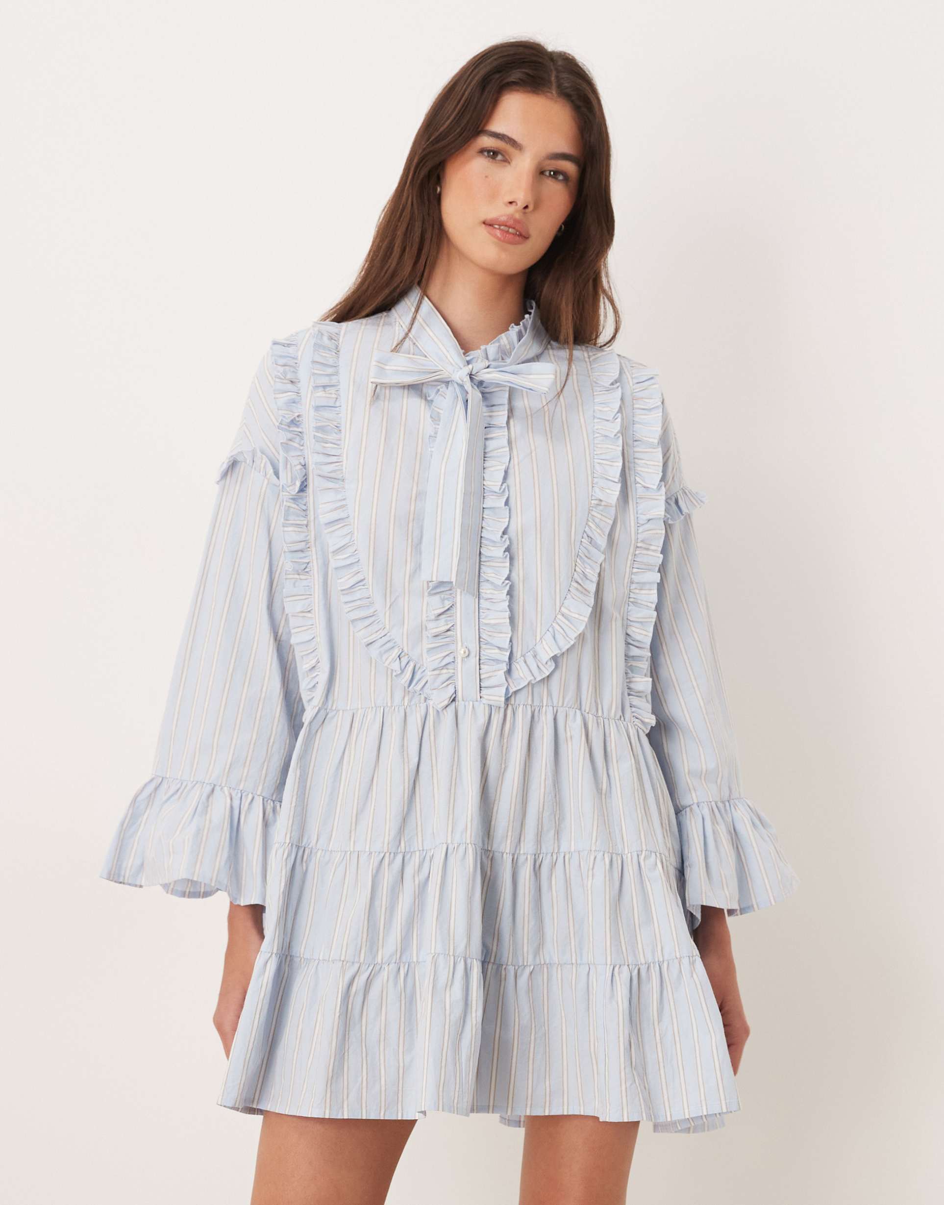 sister jane dawn pure cotton pinstriped pussybow bell sleeves mini dress in blue