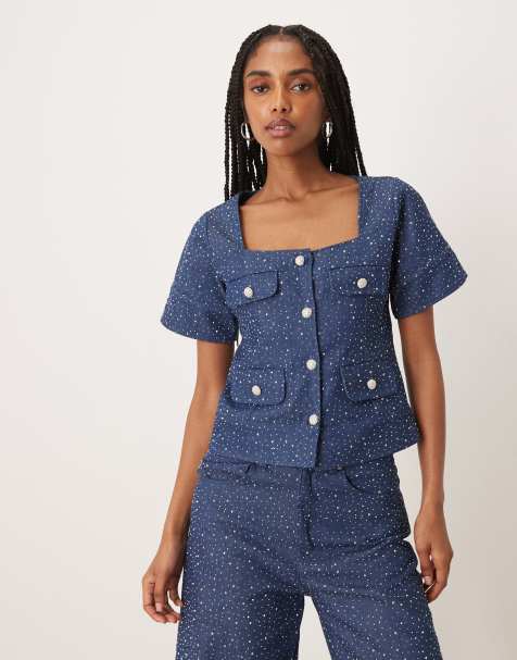 Sister Jane Daze embellished denim square neck button-up top in blue (Part of a set) - view 1