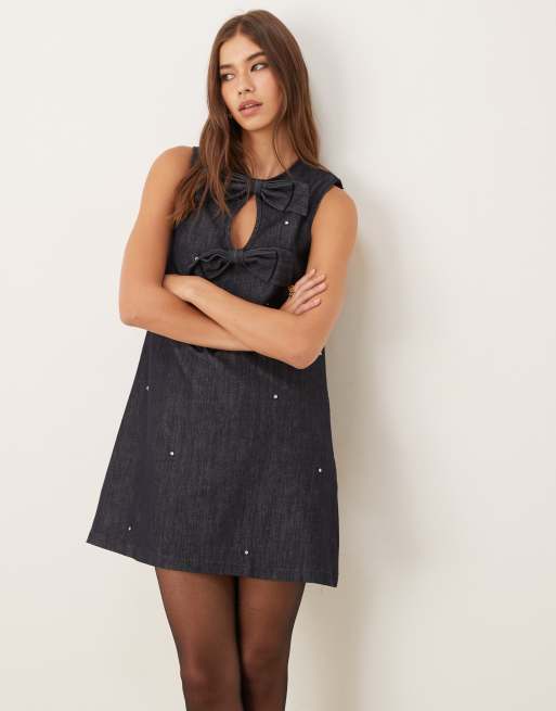 Sister Jane denim bow keyhole front mini dress with embellishment in black, 2 of 4