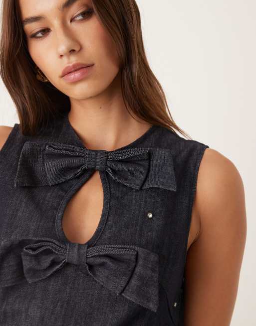 Sister Jane denim bow keyhole front mini dress with embellishment in black, 3 of 4