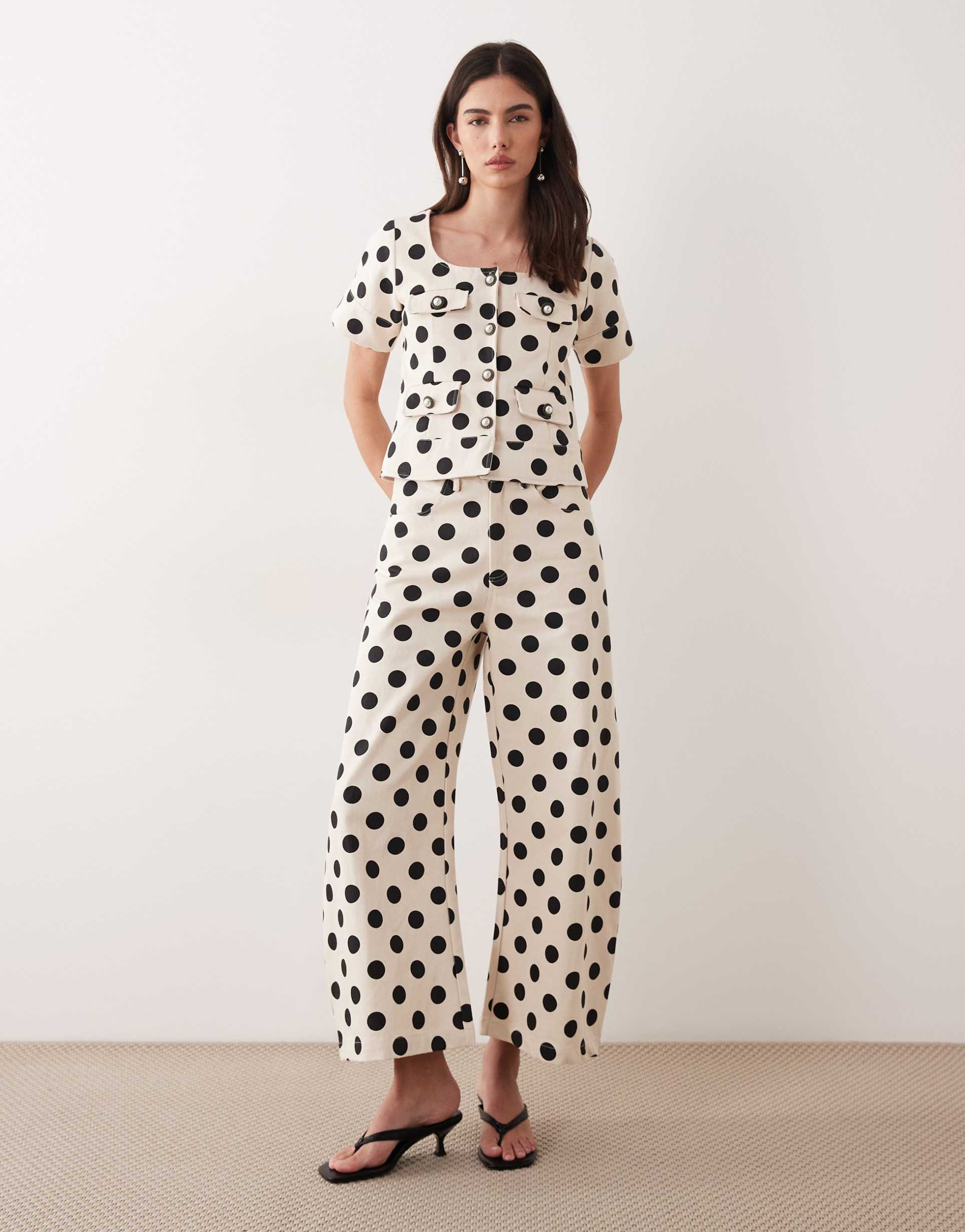 sister jane denim polka dot barrel jeans in ivory -set