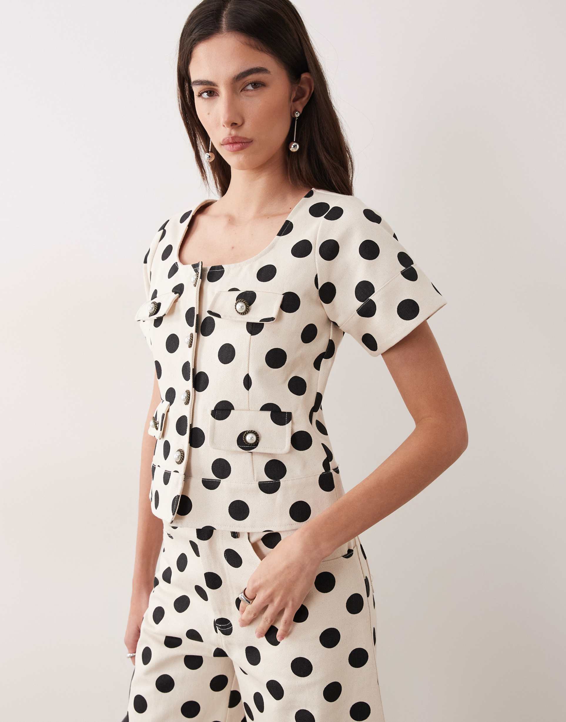 sister jane denim polka dot button-up top in ivory - part of a set