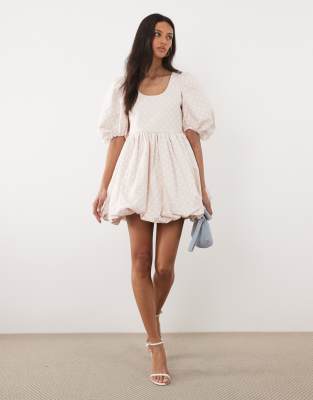 Sister Jane Denim Polka Dot Puff Sleeve Bubble Hem Mini Dress In Neutral