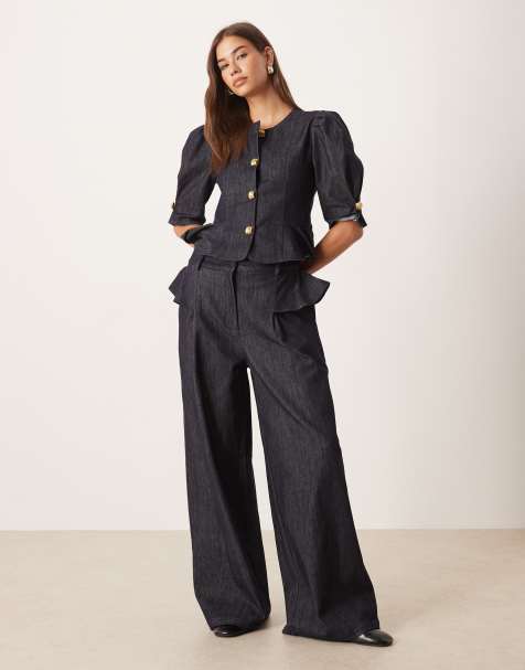 Sister Jane denim ruffle detail wide leg jeans co-ord in deep blue - view 1