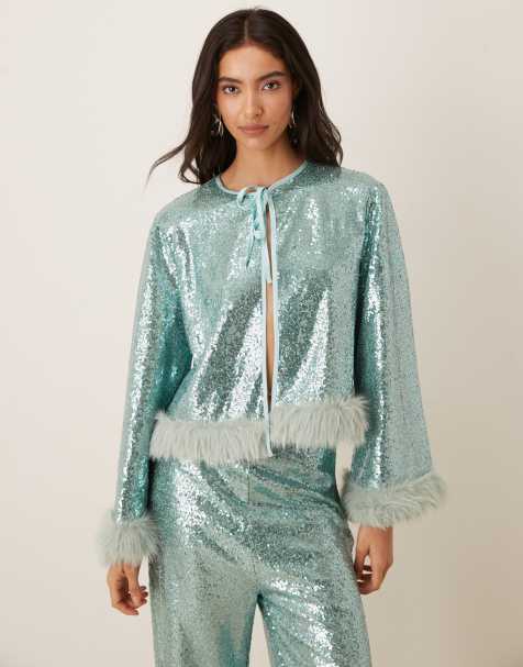 Sister Jane Disco Darling sequin faux fur trim bell sleeve top co-ord in green - view 1