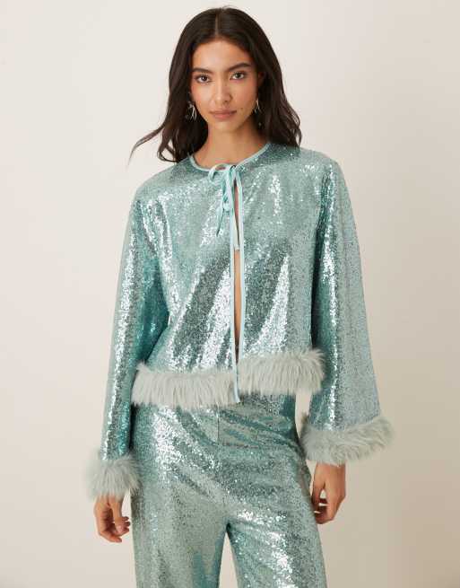 Sister Jane Disco Darling sequin faux fur trim bell sleeve top in green (part of a set)