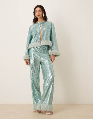 Sister Jane Disco Darling Sequin Faux Fur Trim Pants In Green