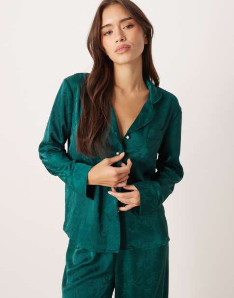 Sister Jane Dita satin pajama shirt in emerald bow print - part of a set - view 1