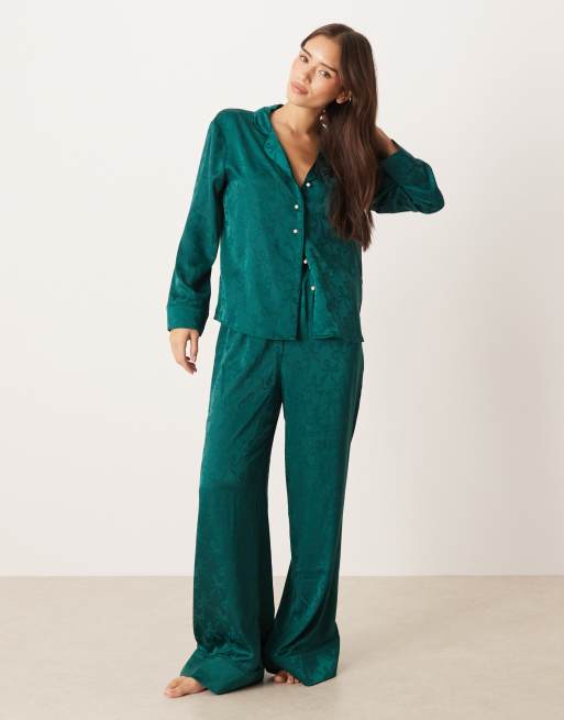 Sister Jane Dita satin pajama shirt, pants and eye mask set in emerald bow print
