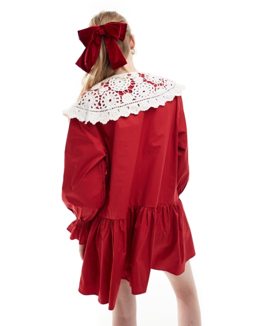 red dress white lace collar Sister Jane drop hem detachable lace collar mini dress in red