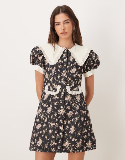 Sister Jane Eclipse exclusive contrast collar ditsy floral button front mini dress in black floral print - view 1