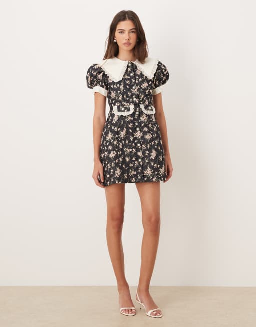 Sister Jane Eclipse exclusive contrast collar ditsy floral button front mini dress in black floral print, 2 of 4