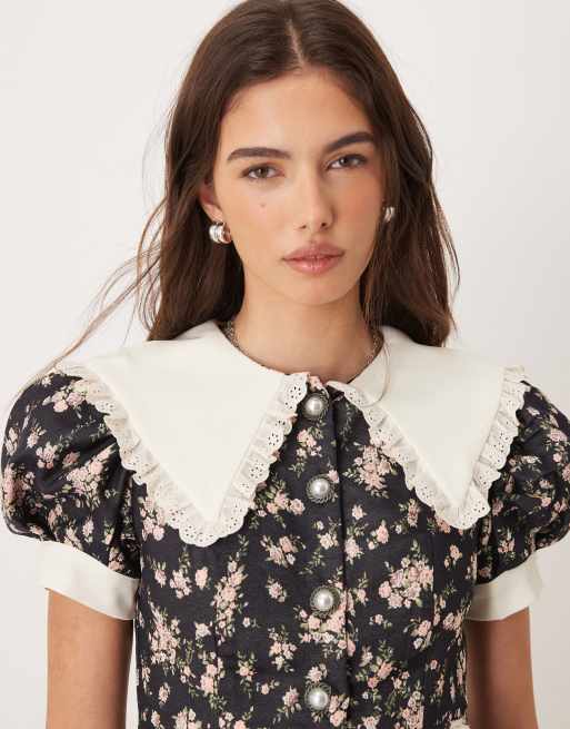 Sister Jane Eclipse exclusive contrast collar ditsy floral button front mini dress in black floral print, 3 of 4