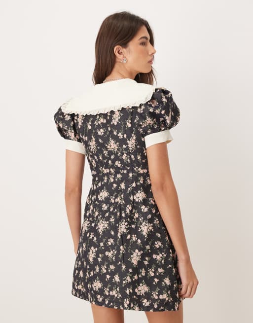 Sister Jane Eclipse exclusive contrast collar ditsy floral button front mini dress in black floral print, 4 of 4