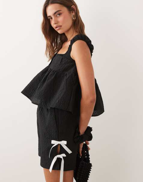 Sister Jane Elin elasticated waist ribbon bow detail shorts co-ord in black - view 1