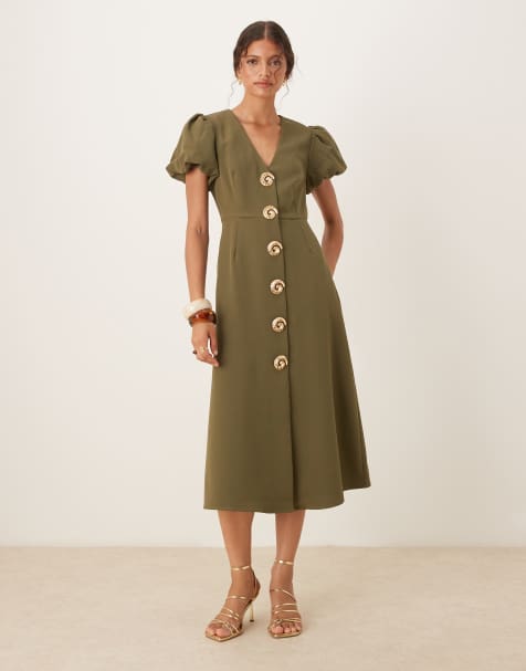Sister Jane embellished button midi dress in deep olive - view 1