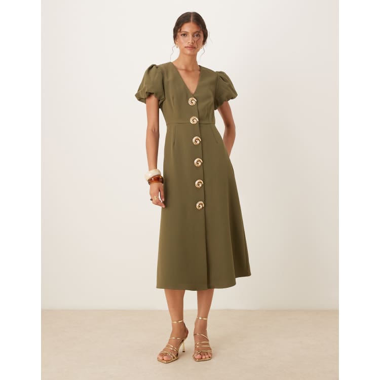 deep olive green dress Formal Dresses Olive Green Deep V-Neck Short Sleeves Stretch Satin Formal Dress With Split