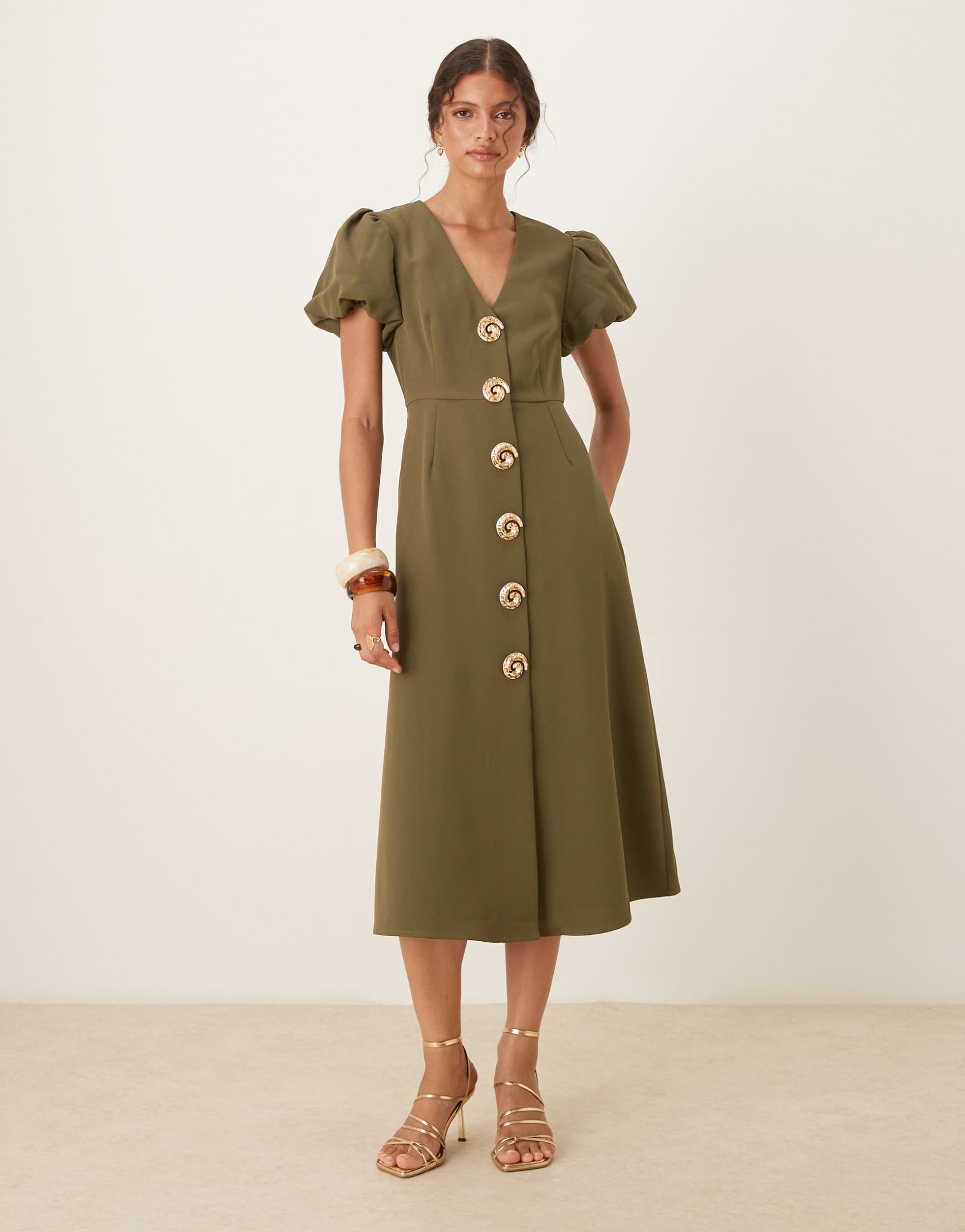 sister jane embellished button midi dress in deep olive