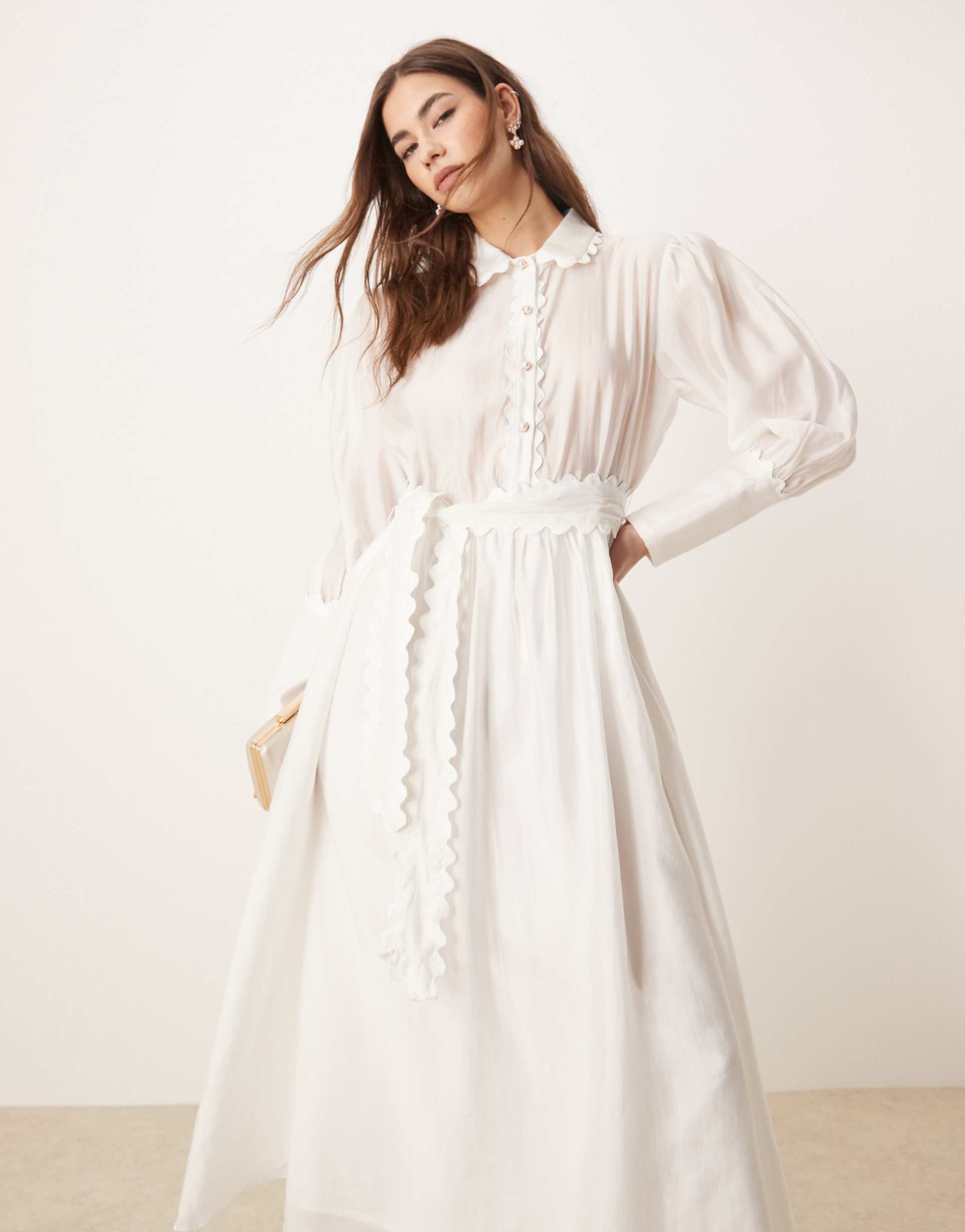 sister jane embellished button midi shirt dress in pearl white