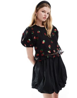 embellished crop top in strawberry sequin-Black