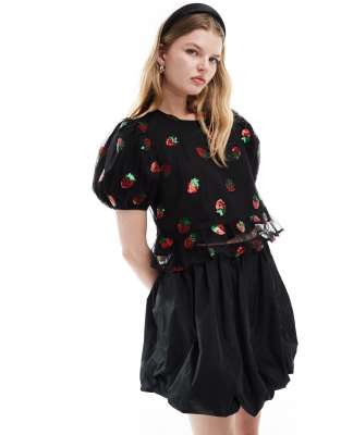 Sister Jane Embellished Crop Top In Strawberry Sequin-black