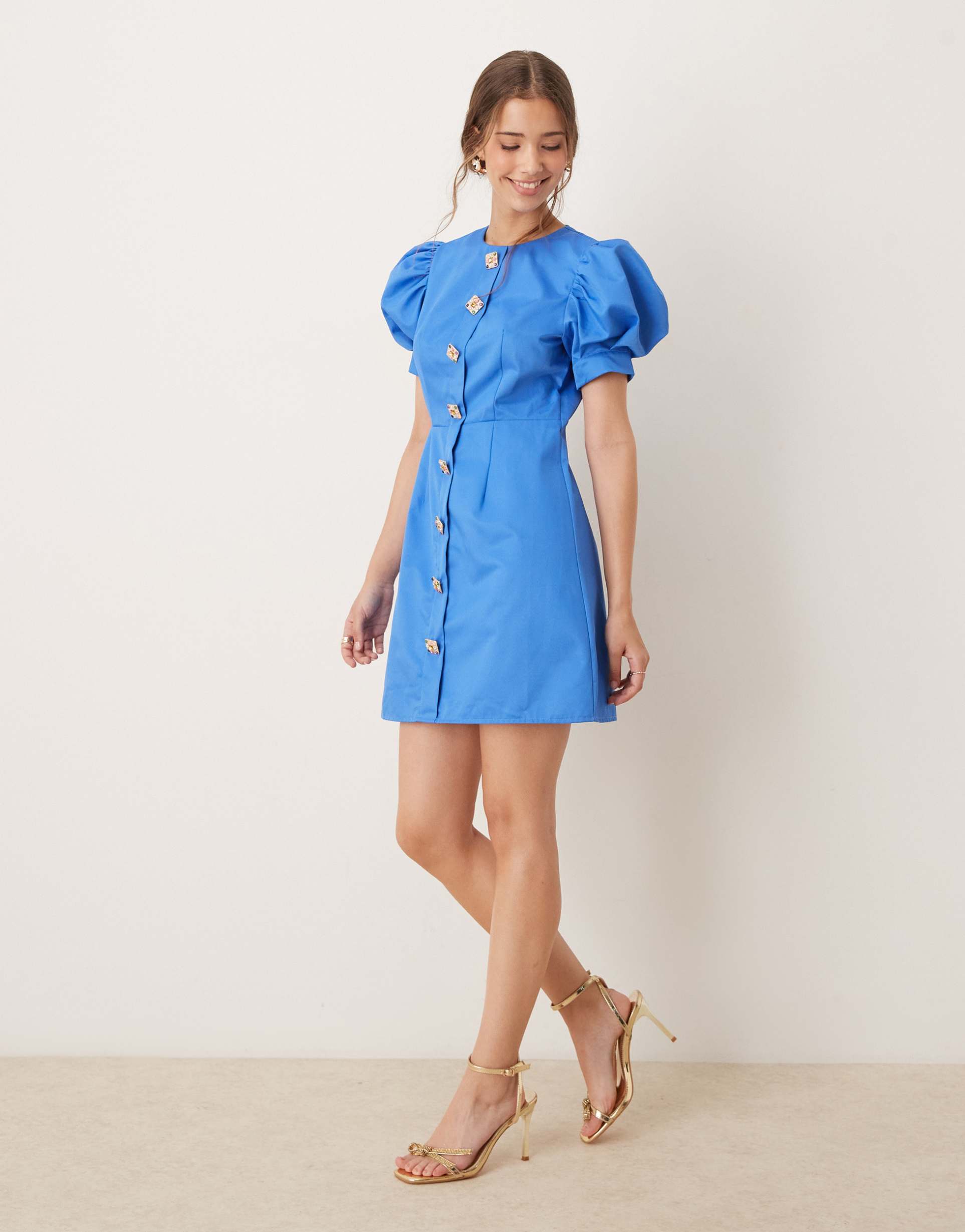 sister jane embellished puff sleeve mini dress in blue