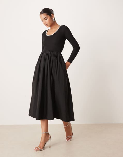 Sister Jane embellished scoop ribbed jersey mix midi dress with full skirt in black - view 1