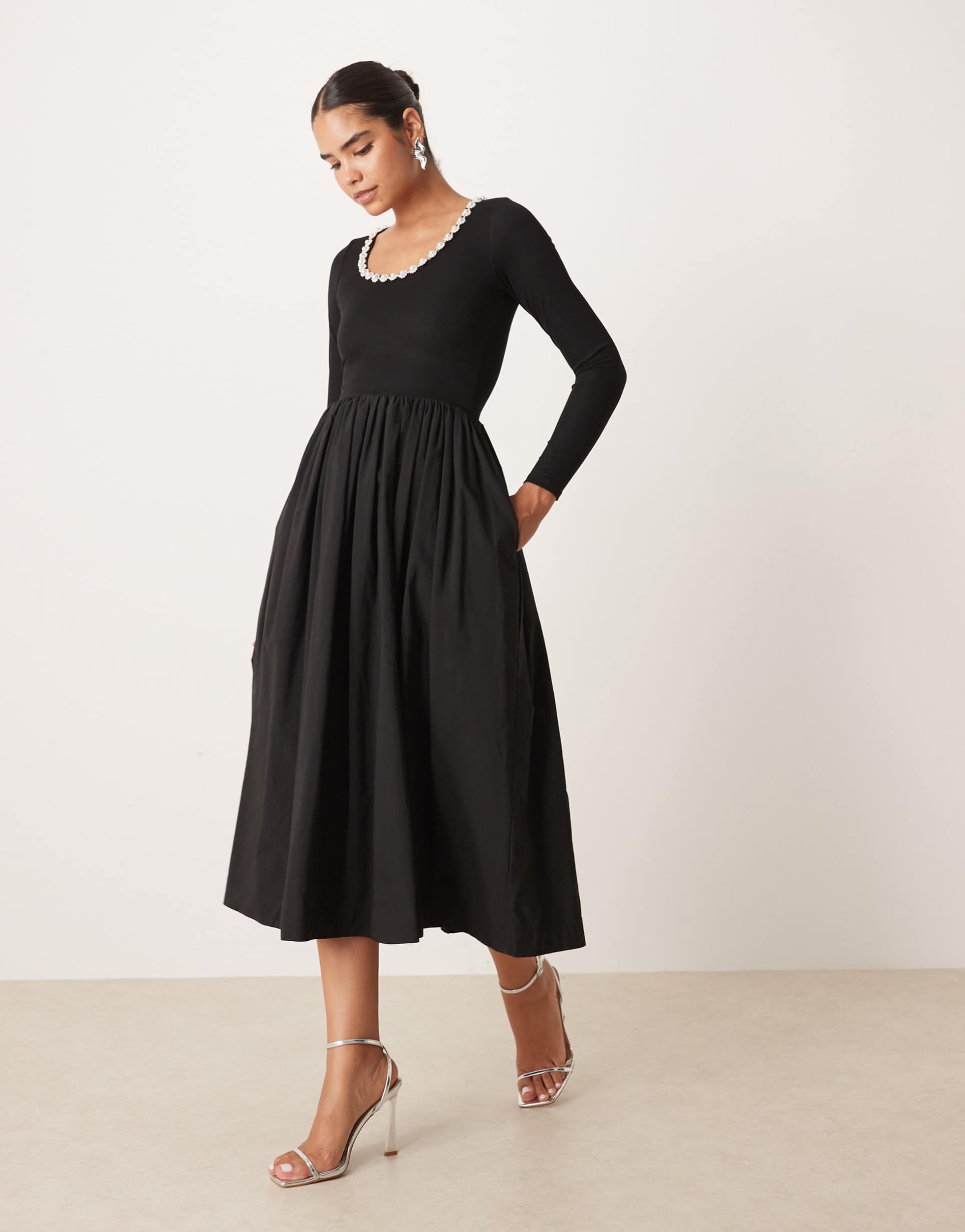 sister jane embellished scoop ribbed jersey mix midi dress with full skirt in black