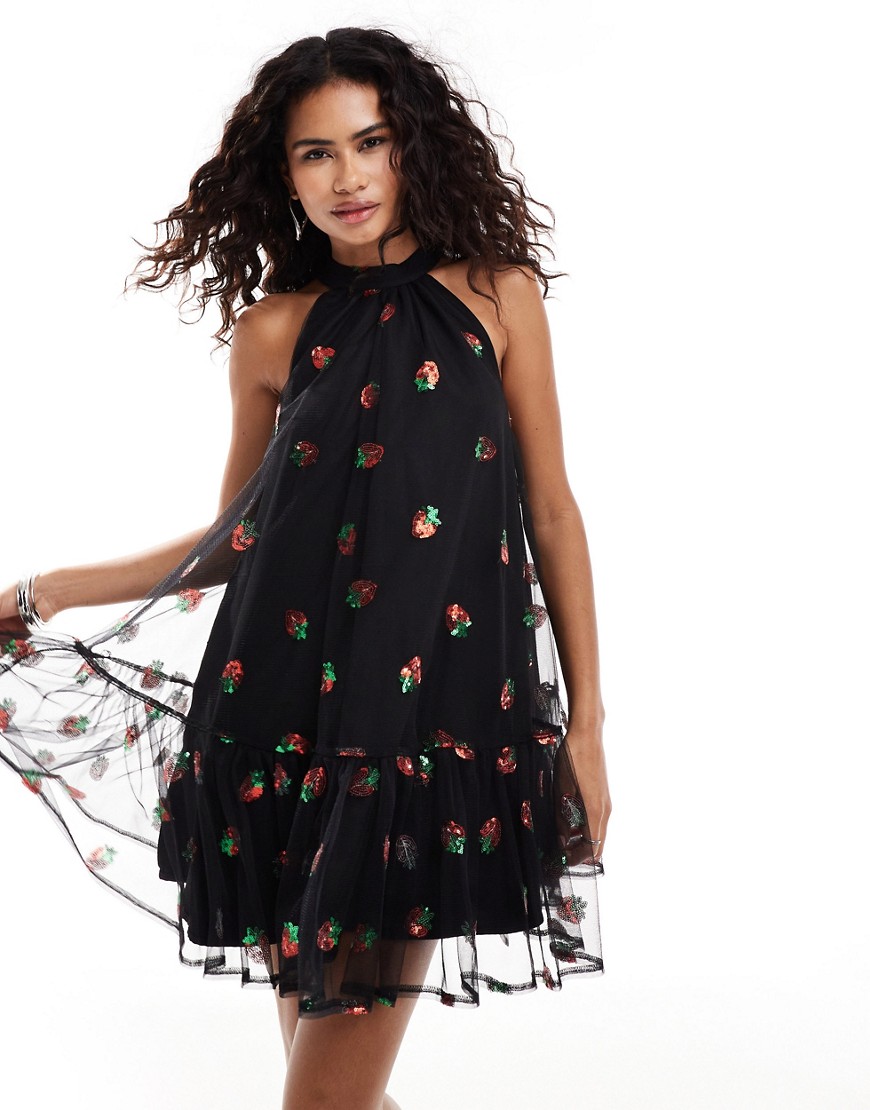 Sister Jane embellished tulle mini dress in strawberry sequin co-ord-Black