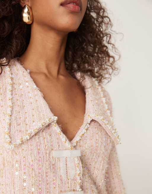 Sister Jane embellished tweed jacket in light pink | ASOS