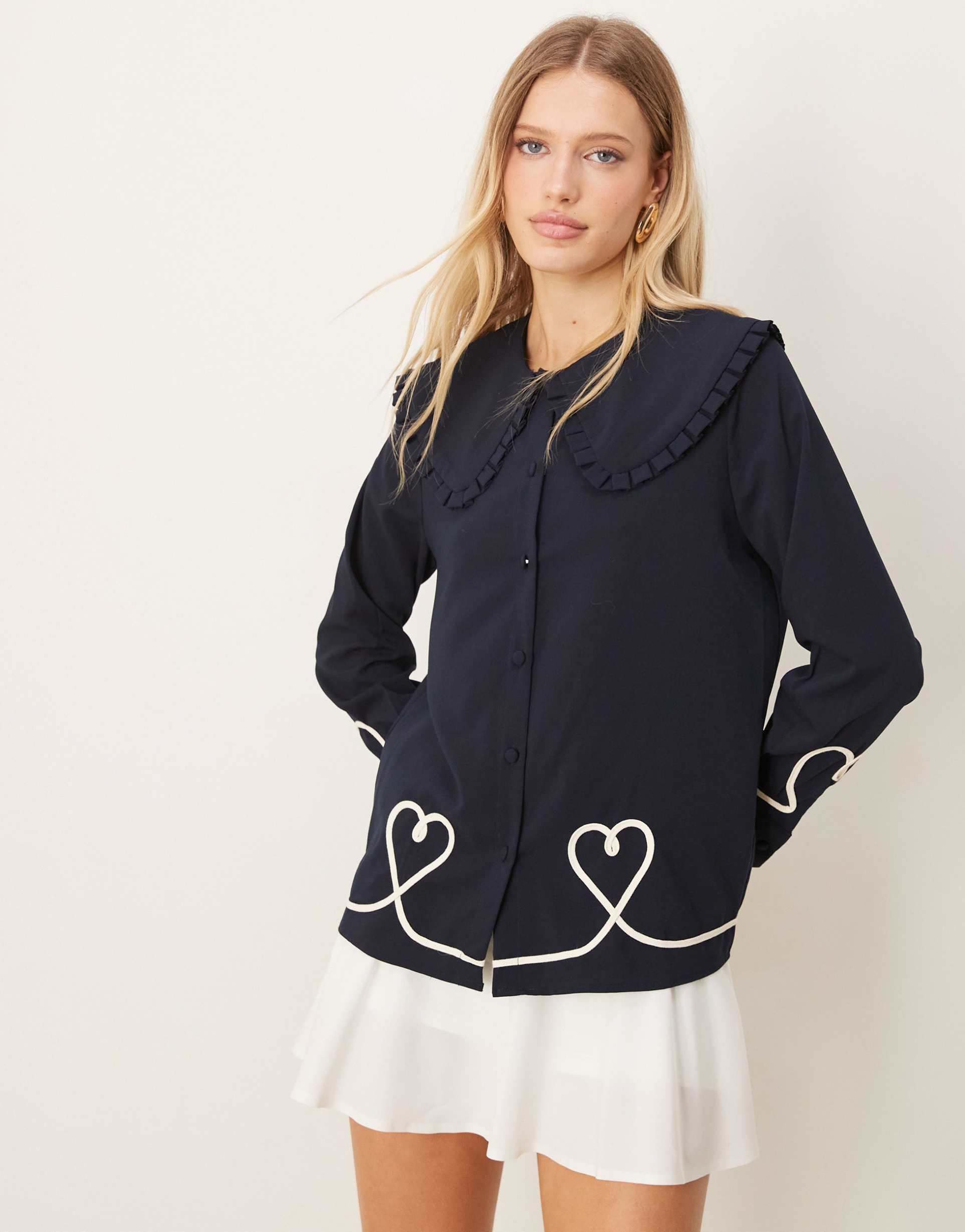 sister jane embroidered hearts blouse in navy