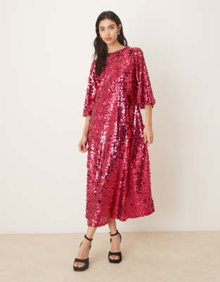 Sister Jane Empire Sequin Flutter Sleeve Midaxi Dress In Pink