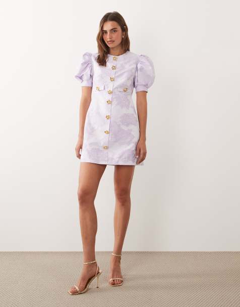 Sister Jane Exclusive - Anemone - Vestido corto lila pastel con estampado floral, mangas abullonadas y cuello redondo de jacquard - view 1