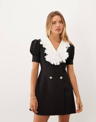 Sister Jane Exclusive Contrast Collar Puff Sleeve Mini Dress In Black