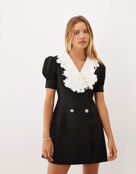 Sister Jane exclusive contrast collar puff sleeve mini dress in black - view 1